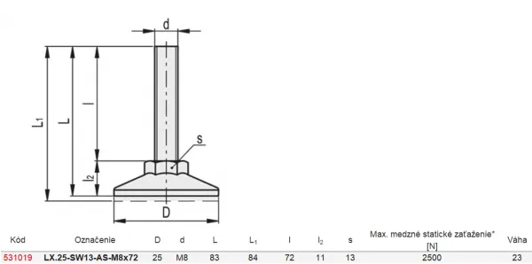 531019 LX.25-SW13-AS-M8x72 Polohovacia noha s pevnou skrutkou, protišmykovou podložkou.