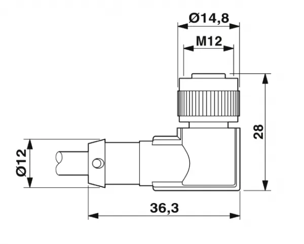 1693364 SAC-3P-M 8MS/ 0,6-PUR/M12FR-2L Kábel s konek.M8/M12, 3pin/3pin,priamy/uhlový, 0,6m