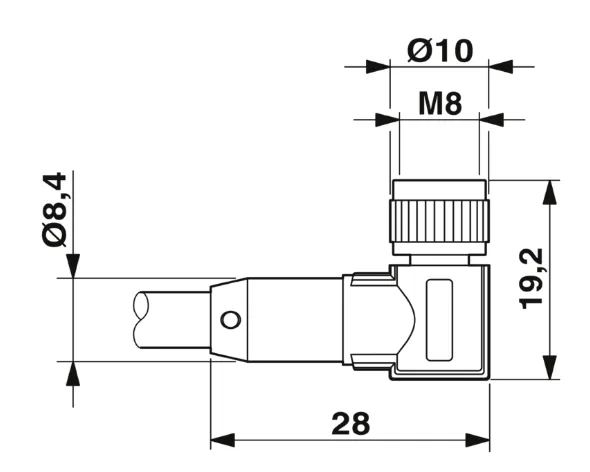 1682100 SAC-3P-M 8MR/0,3-PUR/M 8FR-2L Kábel s konek. M8/M8, 3pin/3pin,uhlový/uhlový, 0,3m