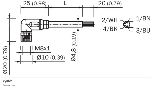 2095964 YG8U14-100VA3XLEAX Kábel s konektorom M8/4pin/10m, uhlový.