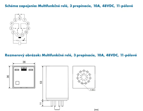 MU321048 Multifunkčné relé, 3 prepínacie, 10A, 48VDC, 11-pólové.
Nahrádza relé MT321048.