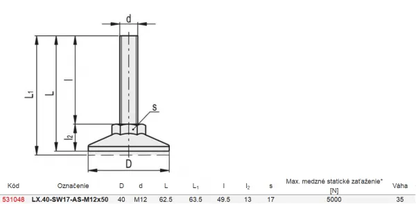 531048 LX.40-SW17-AS-M12x50Polohovacia noha s pevnou skrutkou, protišmykovou podložkou.