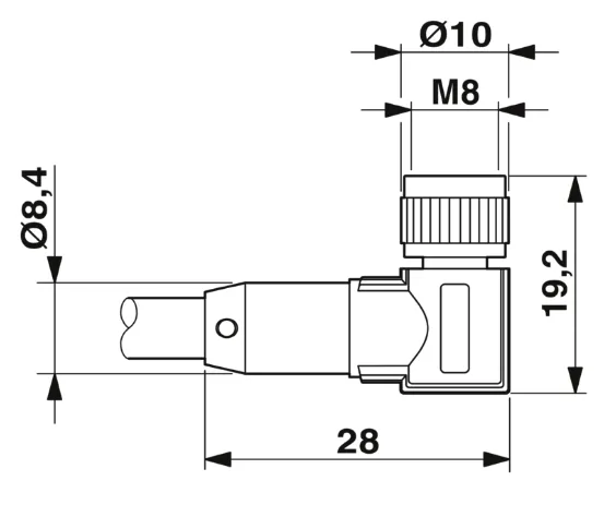 1681994  SAC-3P-M 8MS/0,6-PUR/M 8FR-2L Kábel s konek. M8/M8, 3pin/3pin,priamy/uhlový, 0,6m